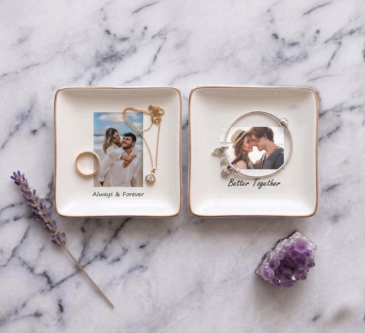 Custom Photo Heart Jewelry Dish, Personalized Gift for Mom from Daughter, Ceramic Trinket Tray with Gold Rim, Sentimental Mother’s Day Gift