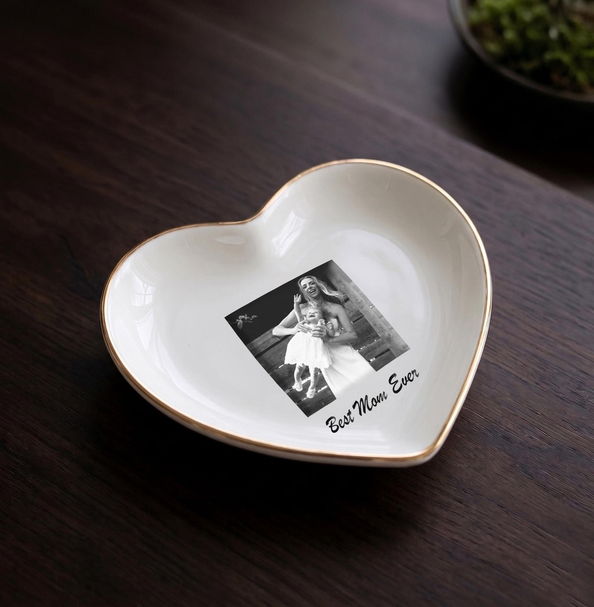 Custom Photo Heart Jewelry Dish, Personalized Gift for Mom from Daughter, Ceramic Trinket Tray with Gold Rim, Sentimental Mother’s Day Gift