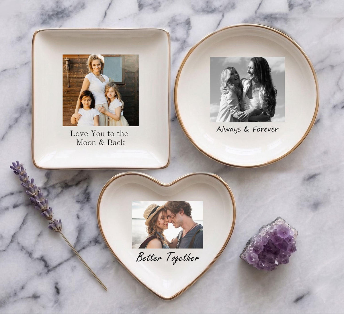Custom Photo Heart Jewelry Dish, Personalized Gift for Mom from Daughter, Ceramic Trinket Tray with Gold Rim, Sentimental Mother’s Day Gift