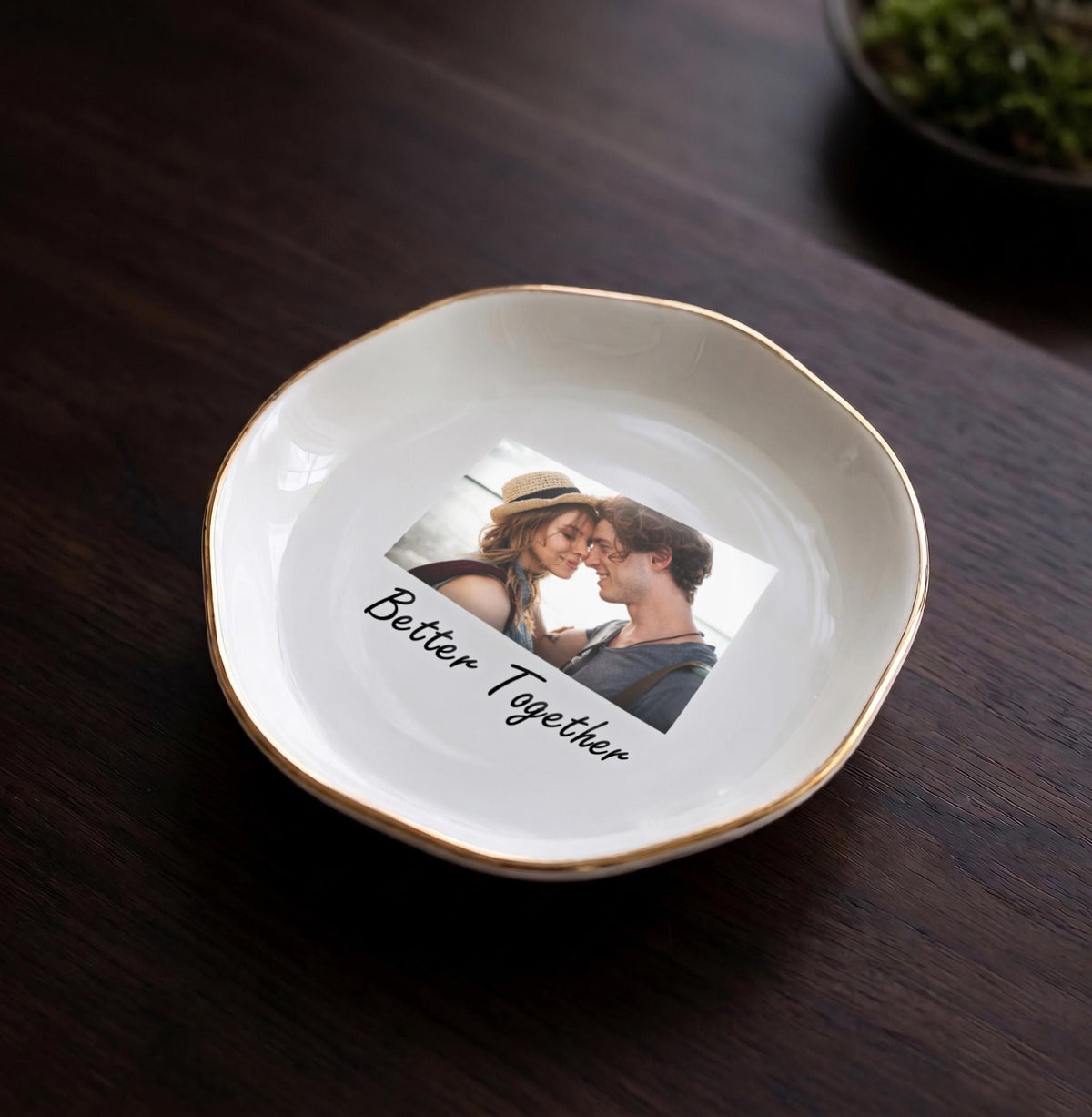 Custom Photo Heart Jewelry Dish, Personalized Gift for Mom from Daughter, Ceramic Trinket Tray with Gold Rim, Sentimental Mother’s Day Gift