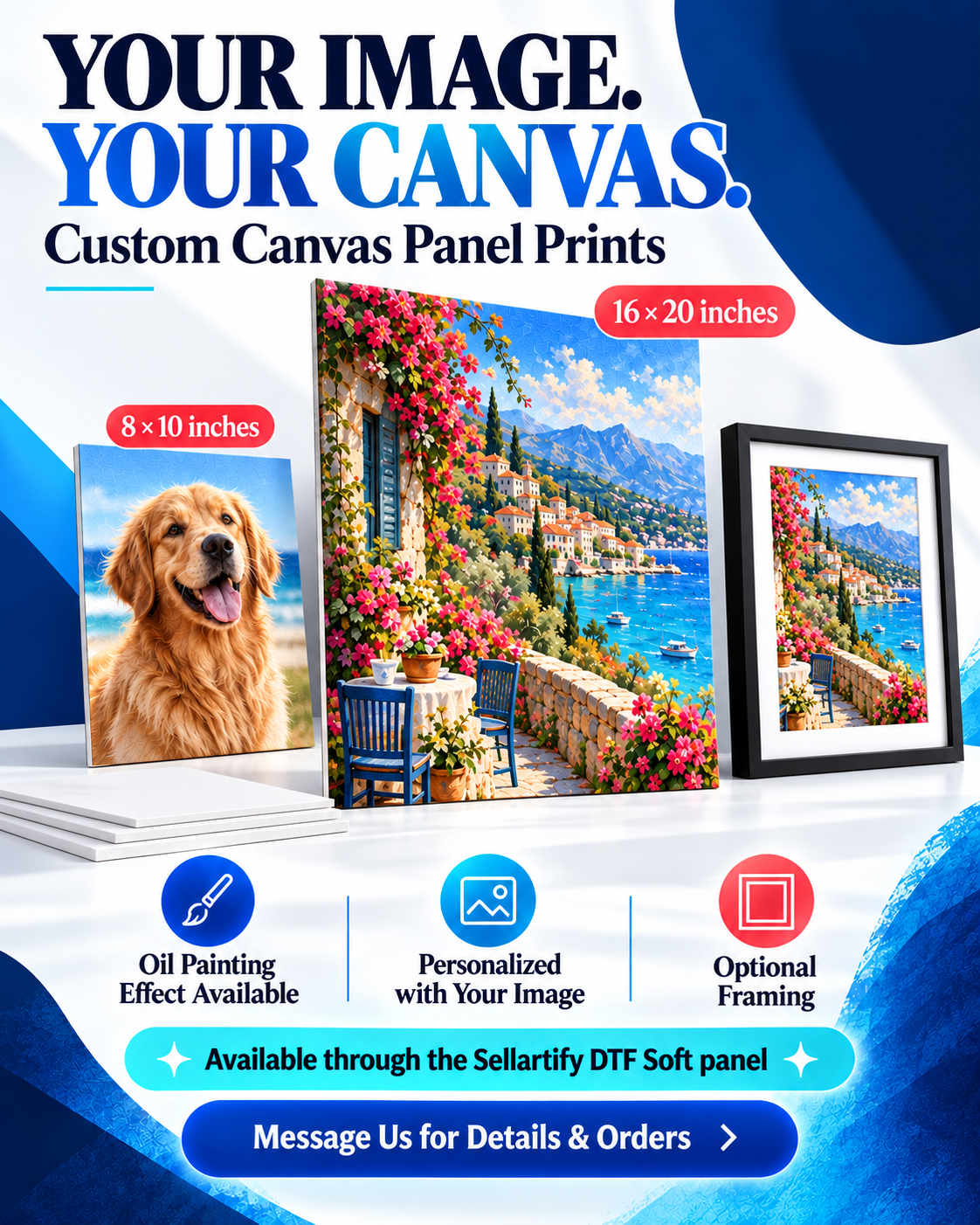 Personalized thin canvas panels in two sizes with optional framing